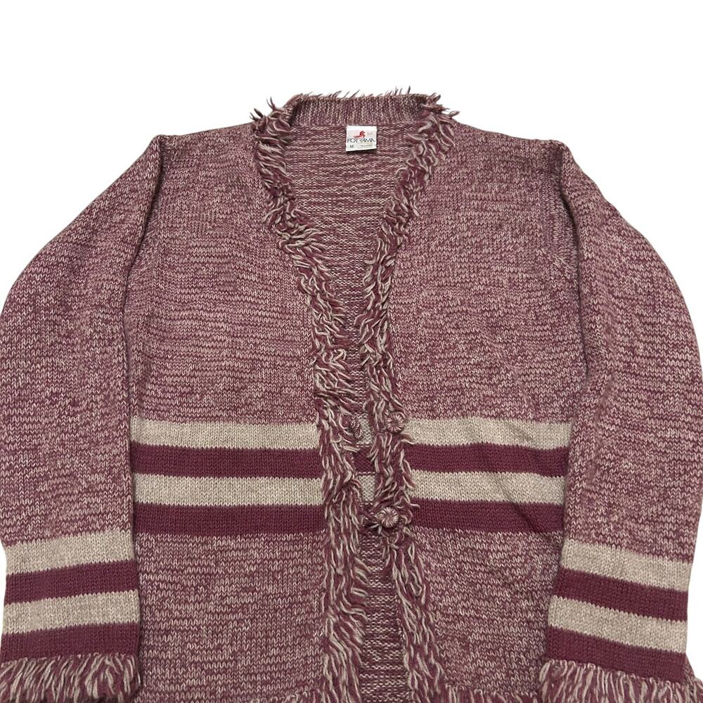 Fotrama Hand Knit Alpaca Cardigan Sweater Womens M Purple Fringe Cropped Button